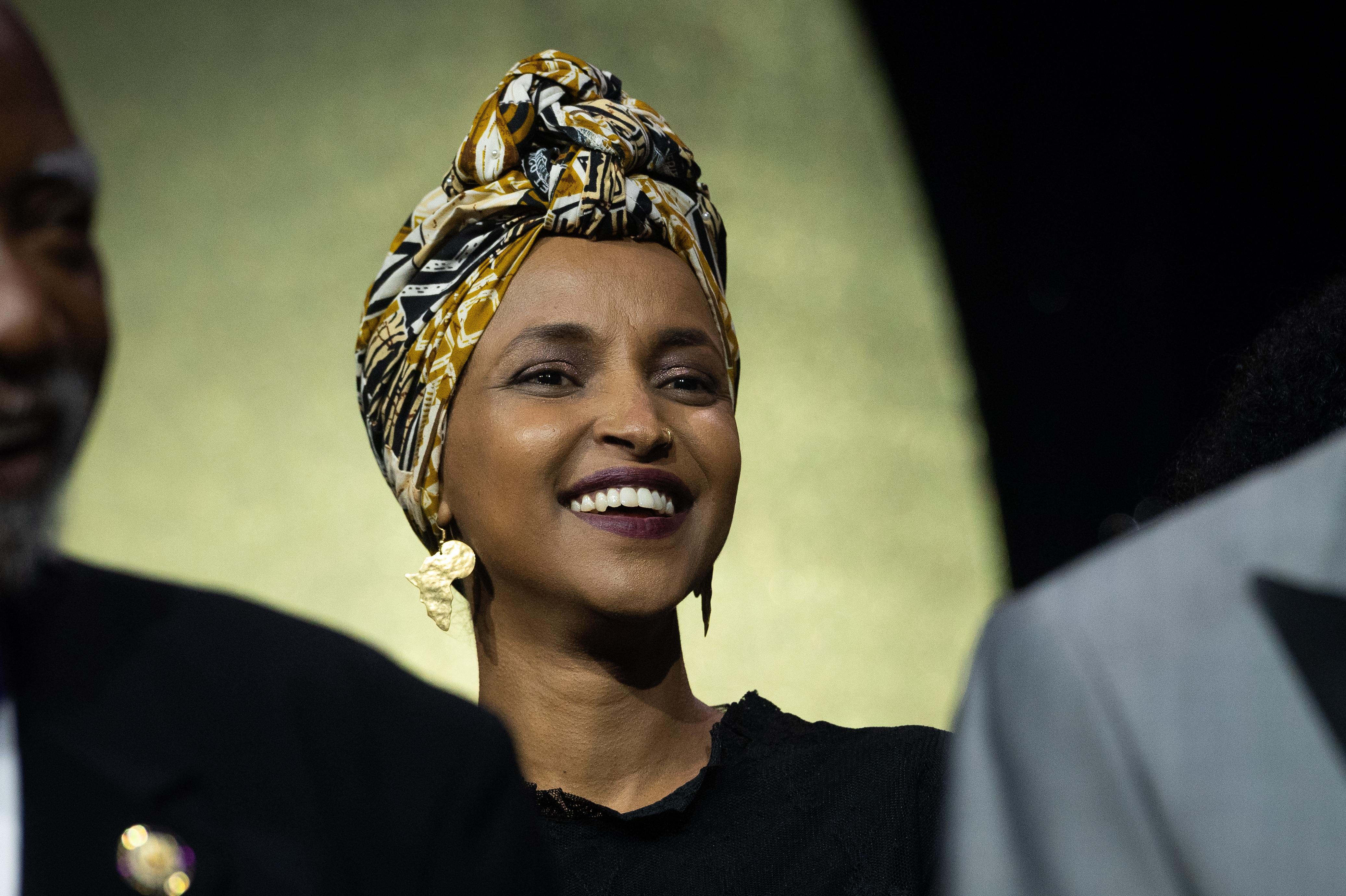 Rep. Ilhan Omar, D-Minn., appears onstage during the Congressional Black Caucus Foundation Phoenix Awards Dinner in Washington on Sept. 27.