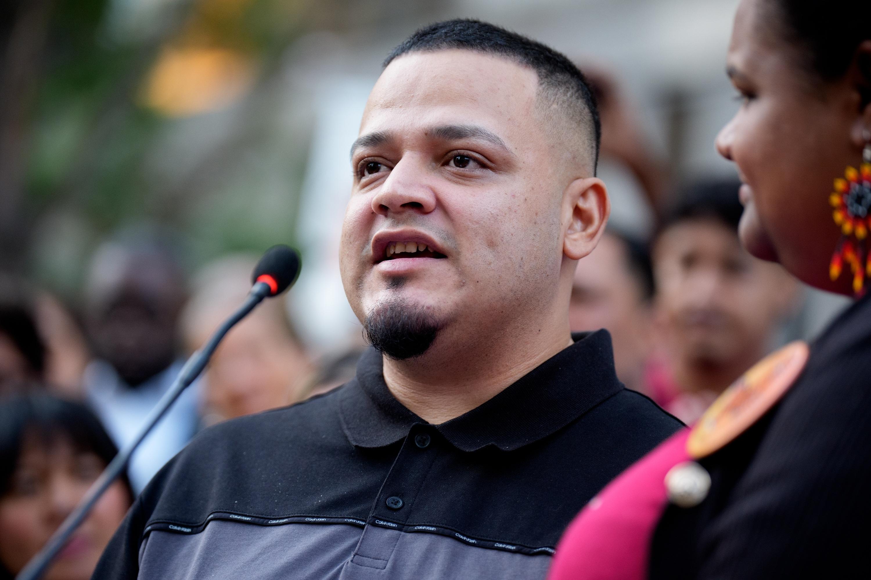Kilmar Abrego Garcia speaks during a rally and prayer vigil for him before he enters a U.S. Immigration and Customs Enforcement (ICE) field office on August 25, 2025 in Baltimore, Maryland.